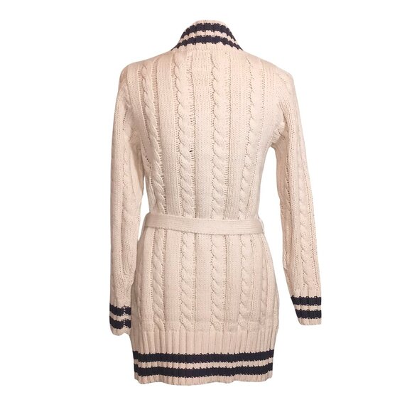NEW Chaser Cable Knit Belted Cardigan In Cake/Cream & Blue Jay Stripe M Preppy - Picture 4 of 11